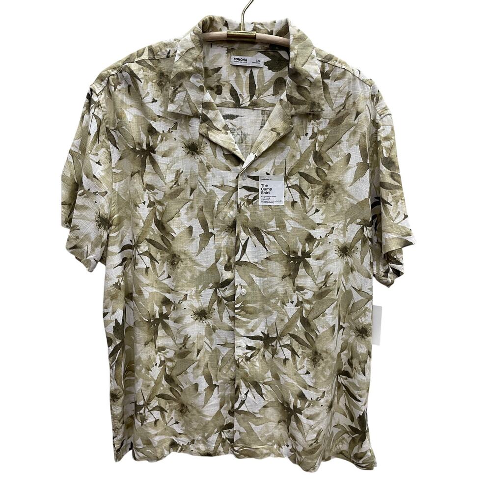 Sonoma Beige and Olive Leaf-Print Camp Shirt Men’s Size XXL NWT
